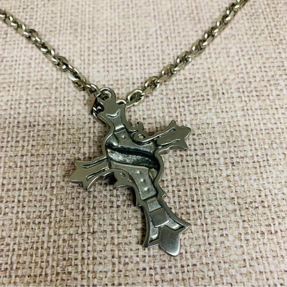Stainless‎ Steel Black Enamel Scroll Cross Necklace